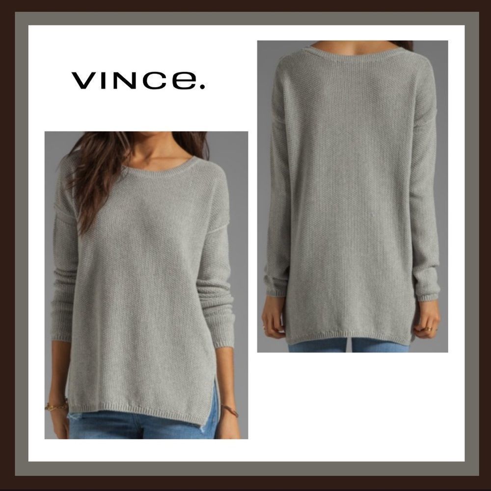 Vince. Seed Stitch Knit Crew Neck Cotton/Cashmere Sweater in Light Grey Sz S